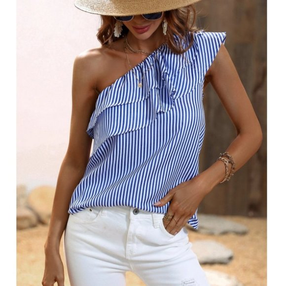 Vertical Striped Ruffle Trim One Shoulder Blouse NWT - Size Medium - Picture 1 of 6